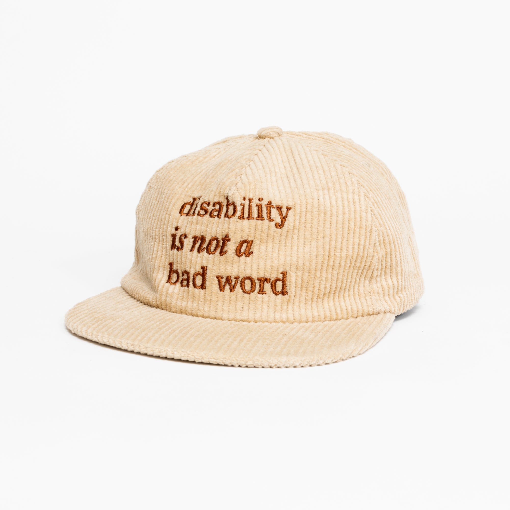 A cream baseball cap with brown text that says "disability is not a bad word."