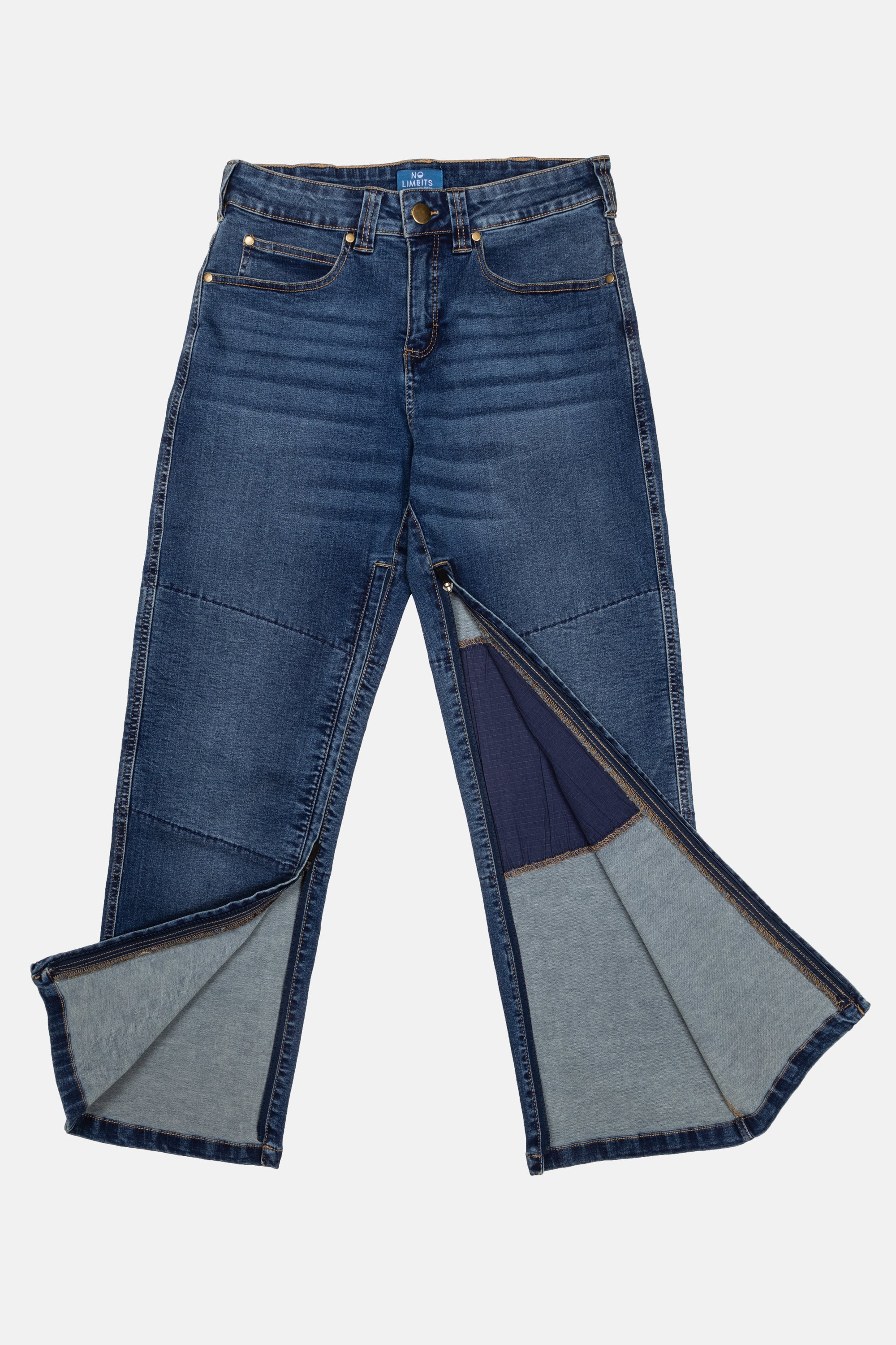 The No Limbits Adaptive Women's Dark Wash Unlimbited Pants, which zips from the ankles.