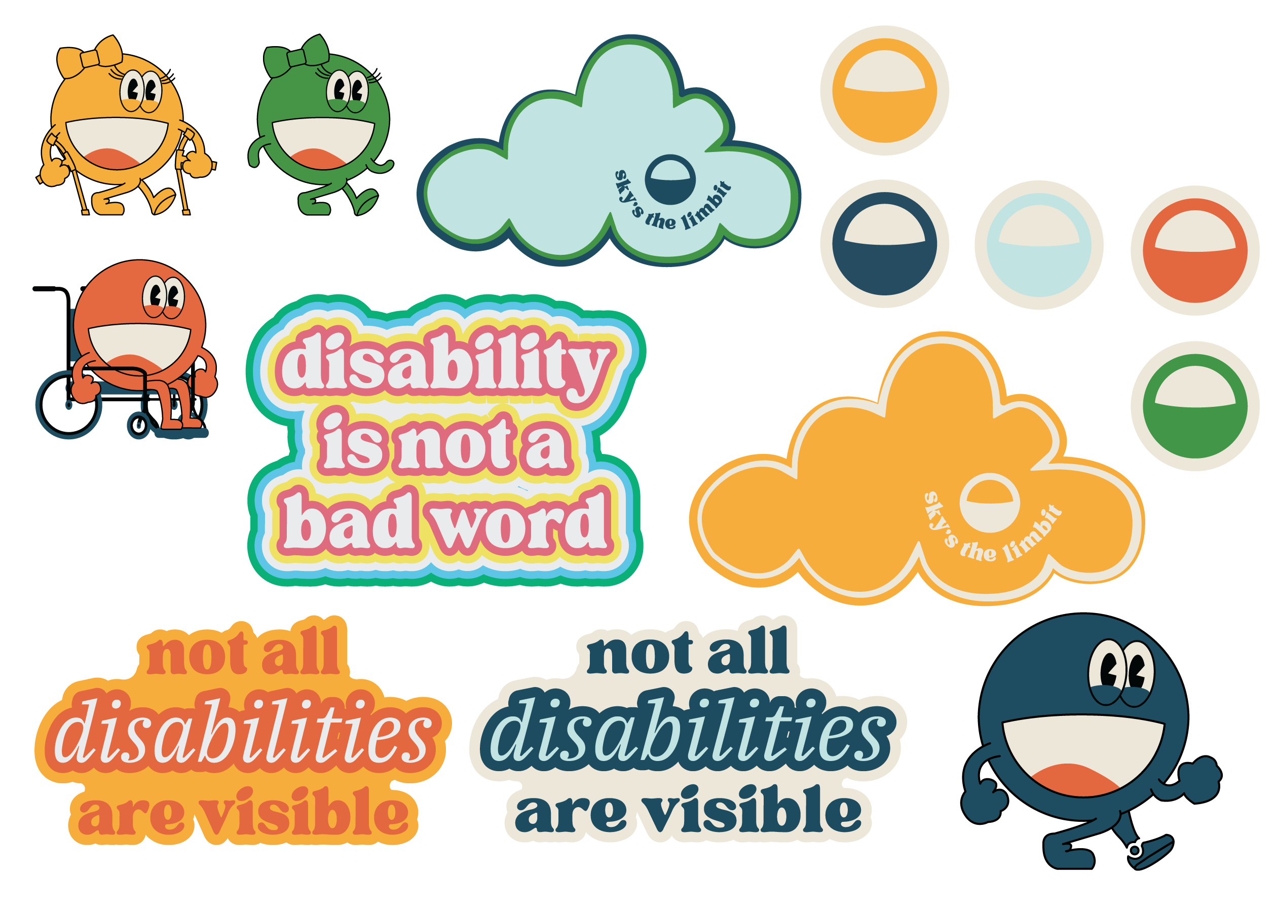 The No Limbits Stickers set that include: 1 Retro Disability is Not a Bad Word Sticker. 1 Blue/green Sky's the Limbit Sticker. 1 Yellow/white Sky's the Limbit Sticker. 1 Orange/yellow Not All Disabilities are Visible Sticker. 1 Blue/beige.  Not All Disabilities are Visible Sticker. 5 No Limbits Sunrise Logo Stickers. 4 No Limbits Character Stickers. 